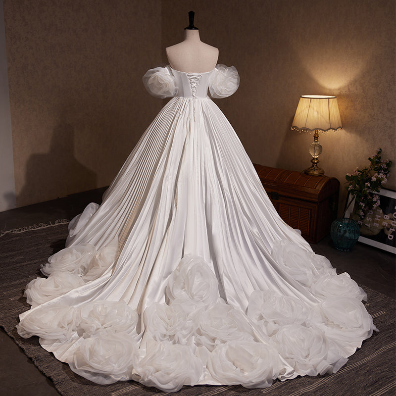 White Satin Evening Dress with Flower Shaped Puff Sleeves E046