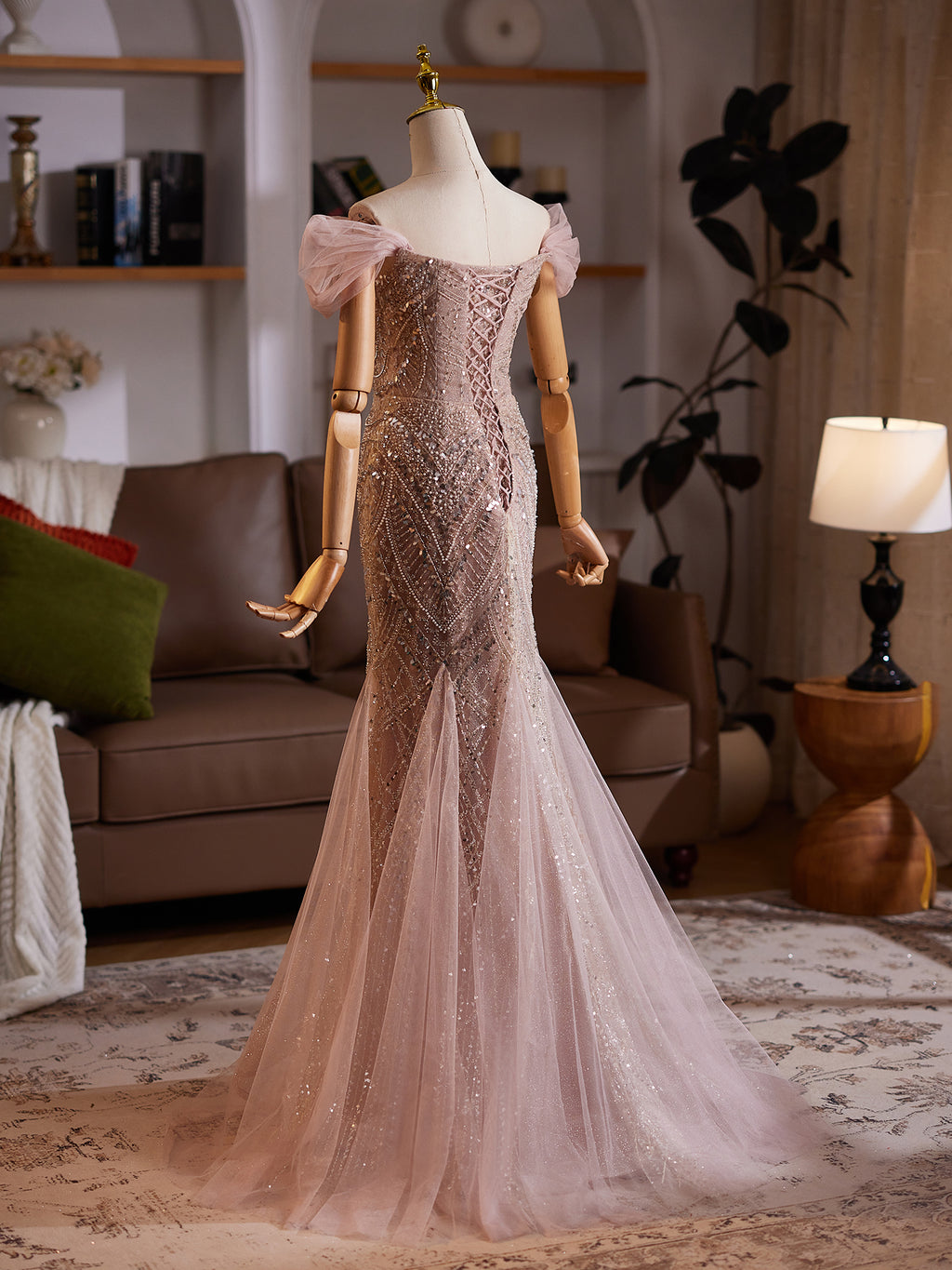 Pink Beaded Mermaid Evening Dress with Off - Shoulder Tulle Sleeves E032