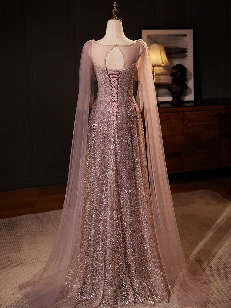 Pink Sequined Evening Dress with Sheer Cape Sleeves E029
