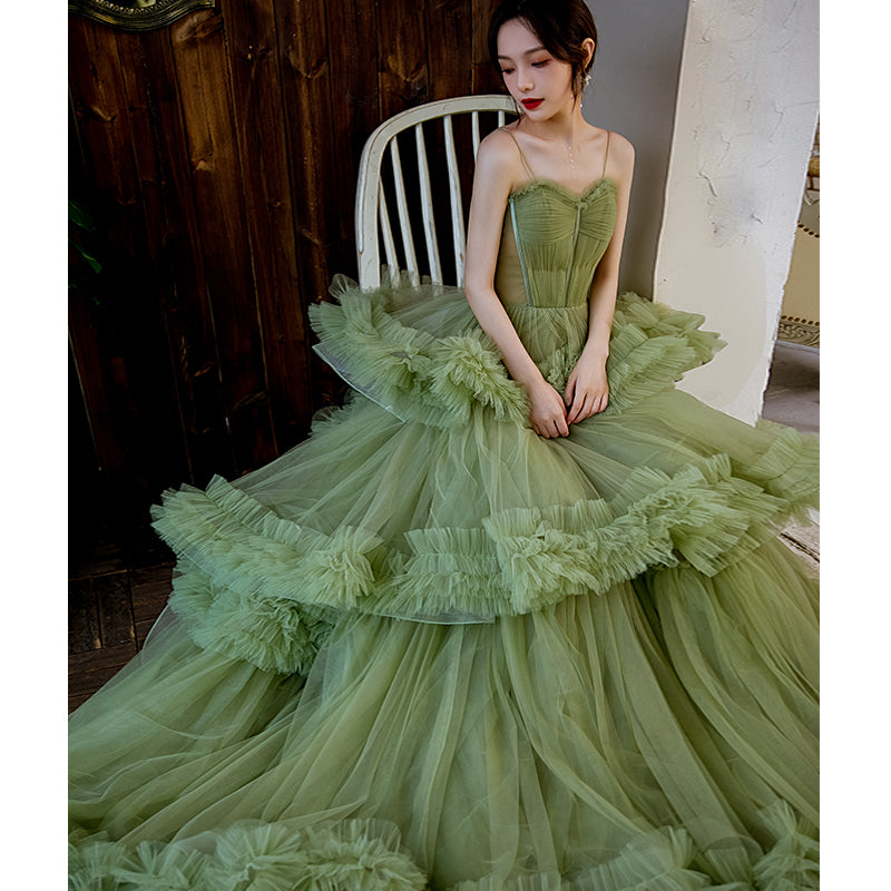 Green Tulle Ruffled Spaghetti Strap Evening Dress E009