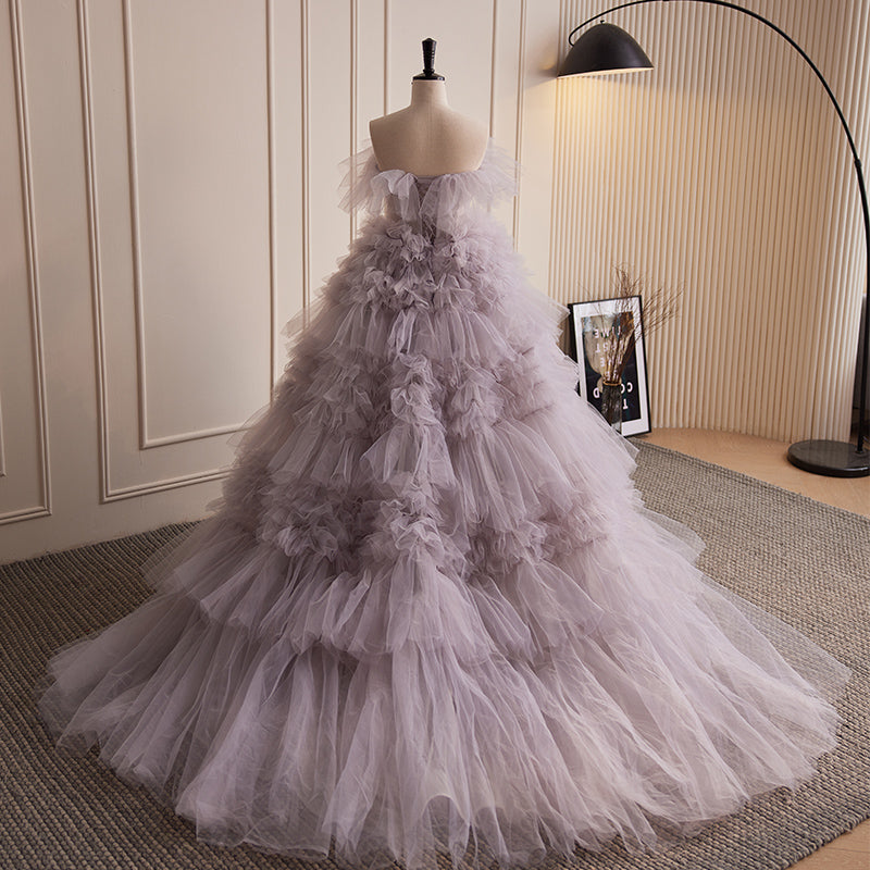 Lavender Off - Shoulder Tiered Tulle Evening Dress E025