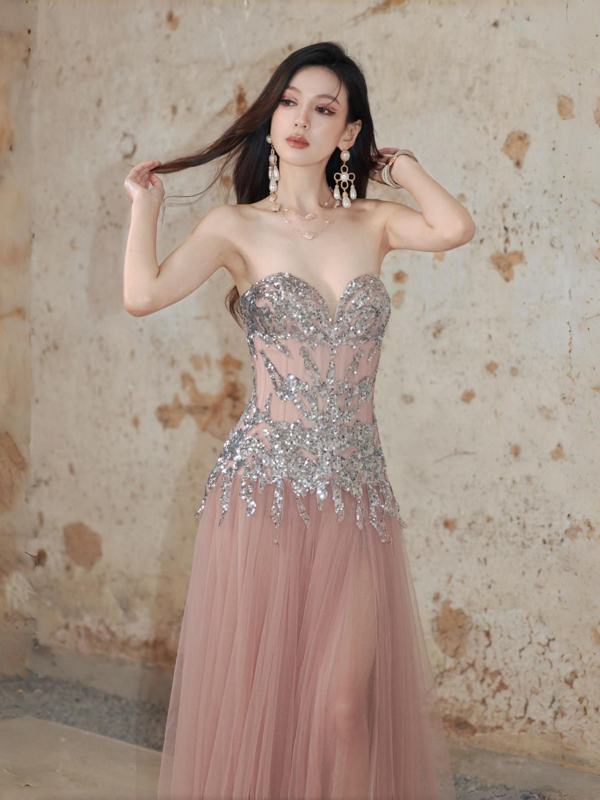 Galaxy Mist Exploding Sequin Strapless Dress Flowy Mesh High Slit Gown Y113