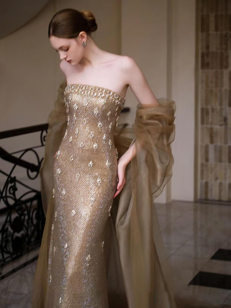 Champagne Beaded Strapless Mermaid Evening Dress with Tulle Shawl E014