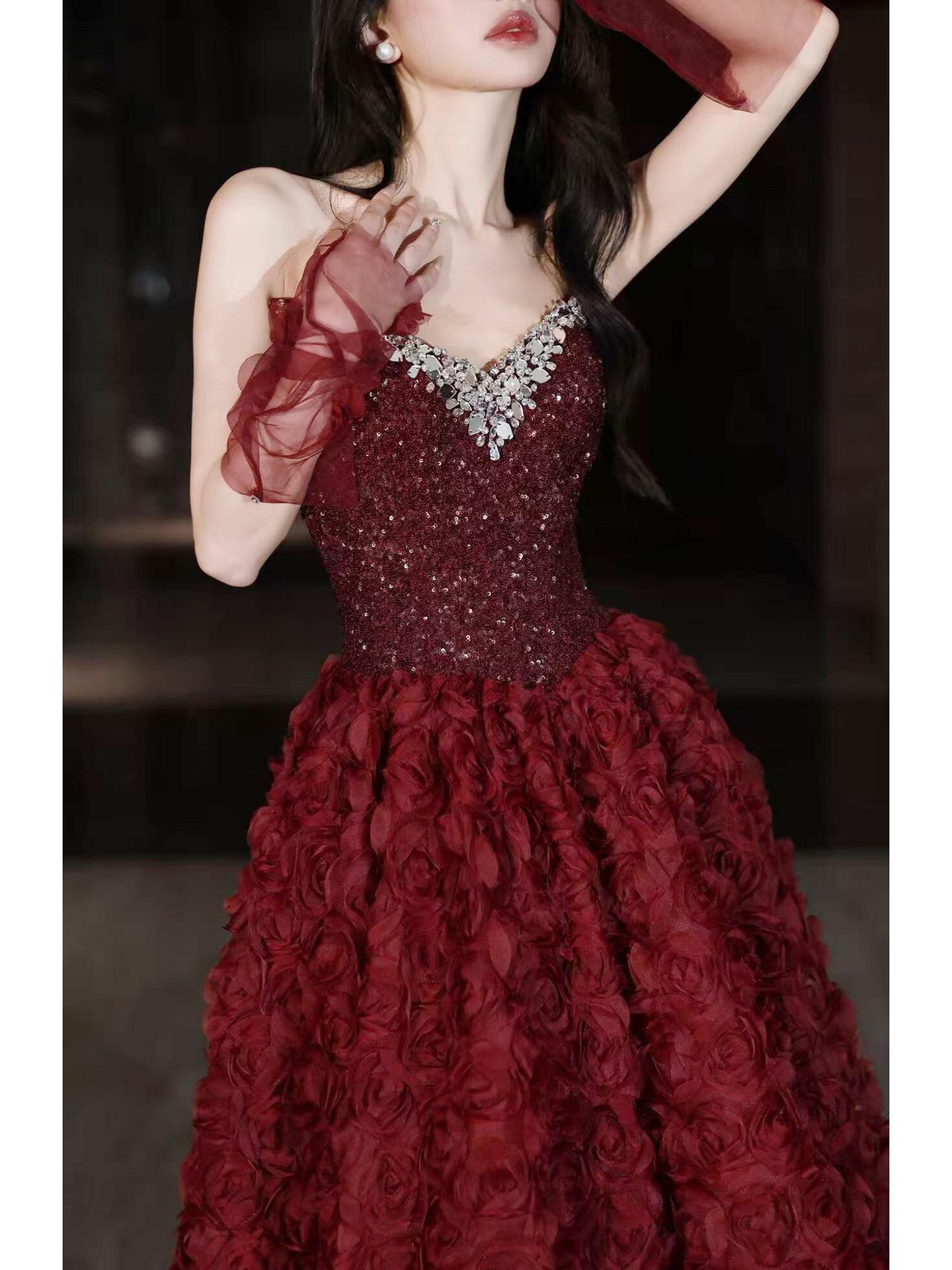 Stunning Burgundy Rose Couture Gown 2026 New Year Gala Red Carpet Masterpiece CM118