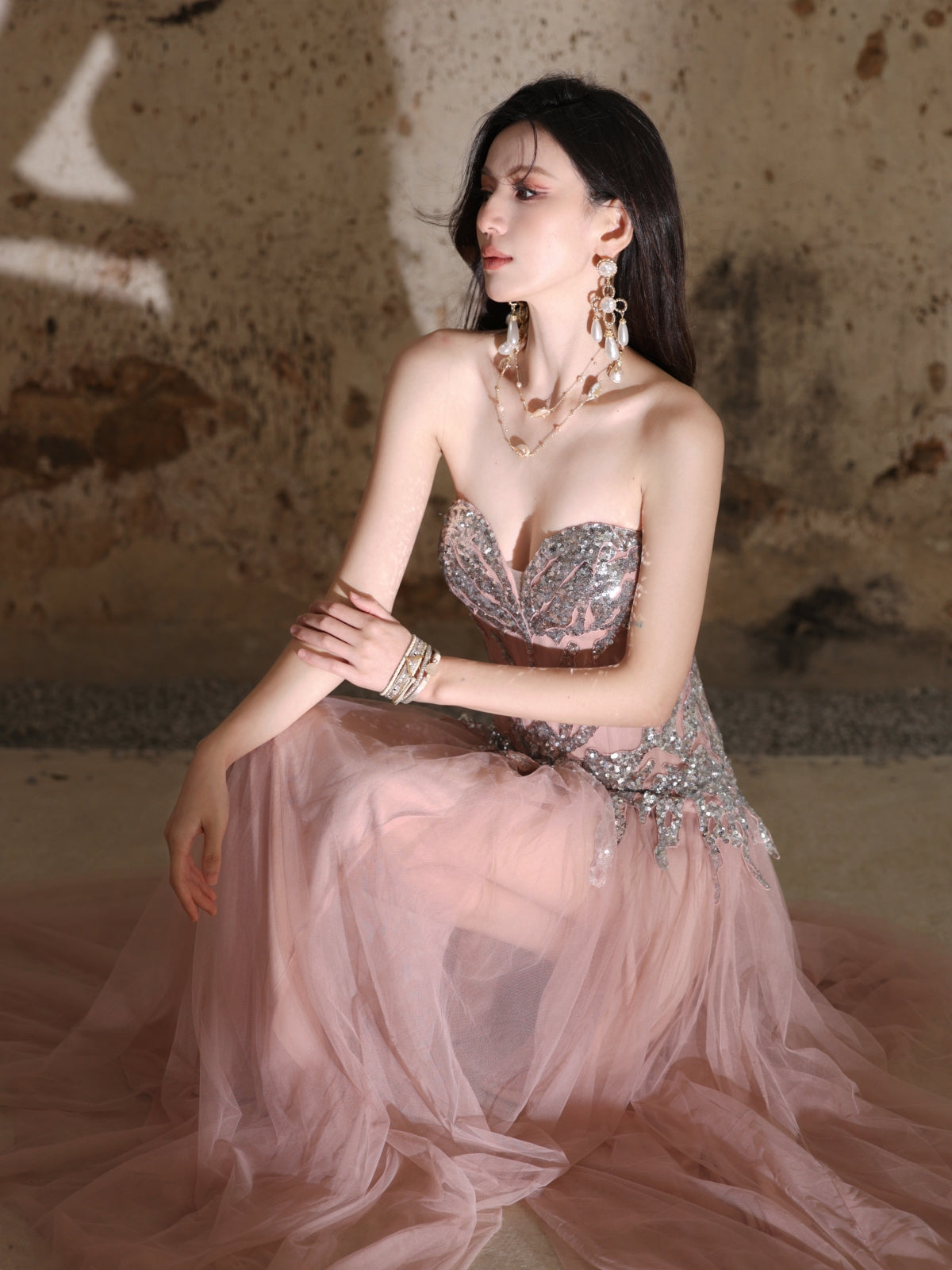 Galaxy Mist Exploding Sequin Strapless Dress Flowy Mesh High Slit Gown Y113