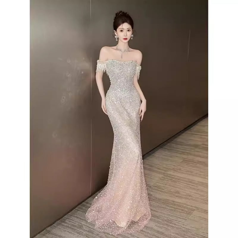Sparkly Ombre Off - Shoulder Mermaid Evening Dress E010