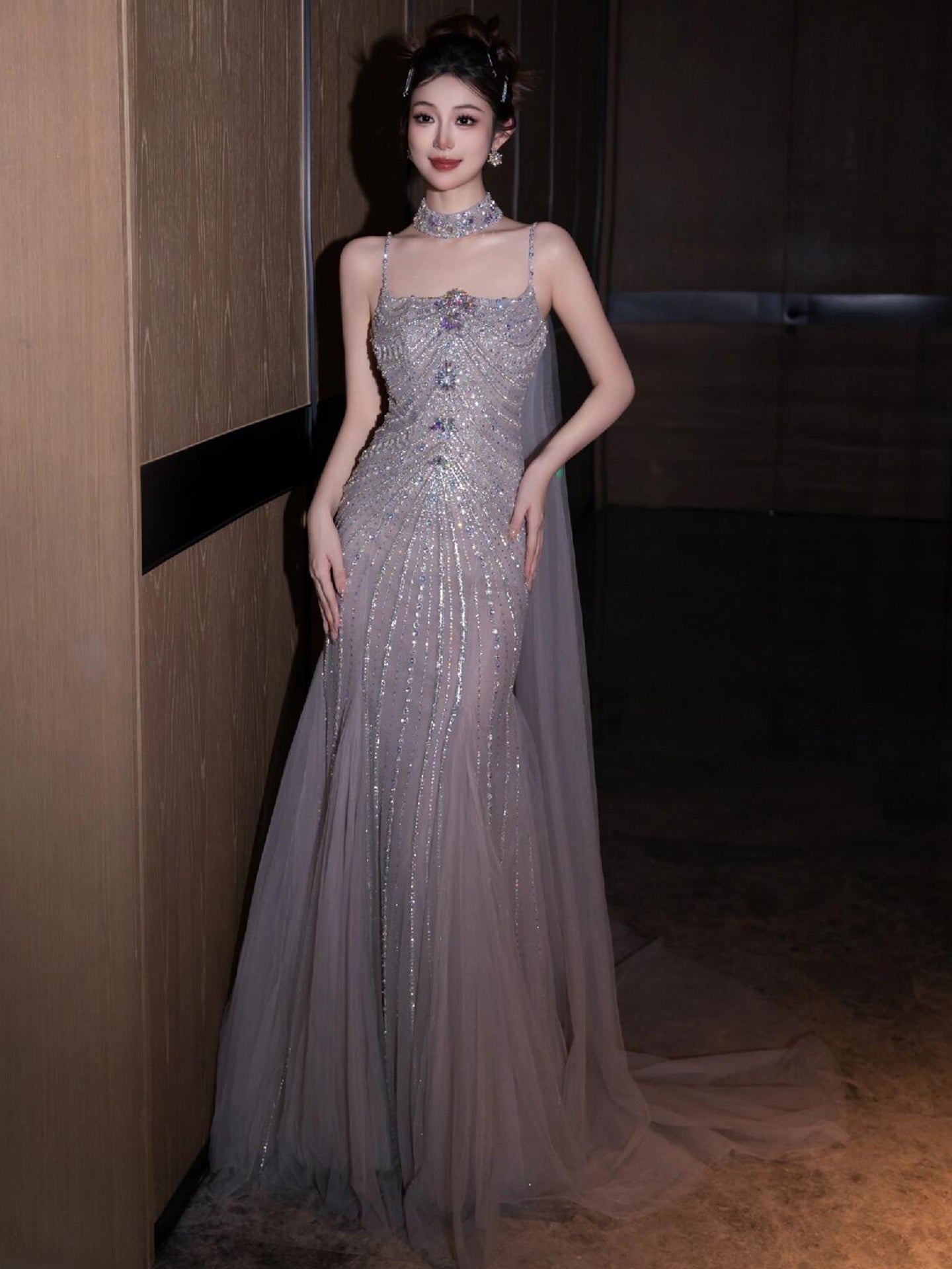 Sparkling Beaded Tulle Mermaid Evening Dress E006