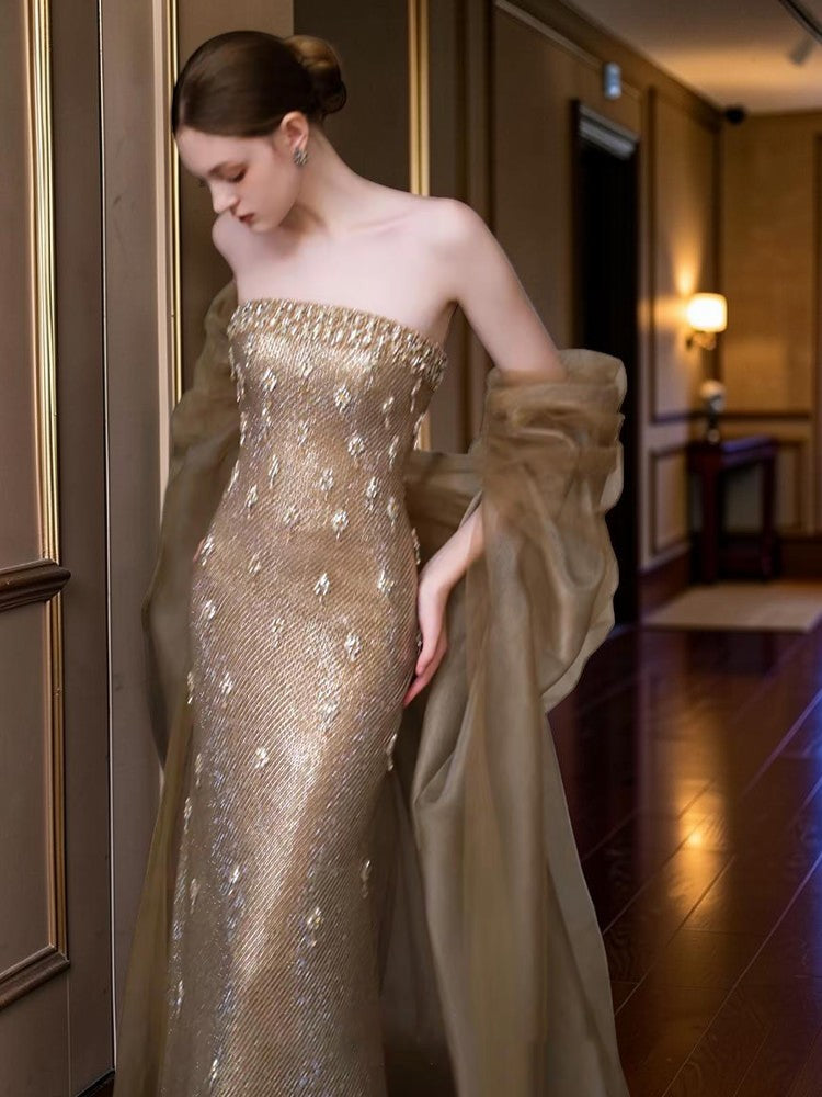 Champagne Beaded Strapless Mermaid Evening Dress with Tulle Shawl E014