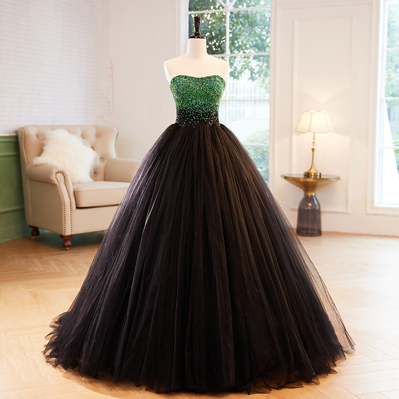 Black Tulle Ball Gown Evening Dress with Green Beaded Bodice E049