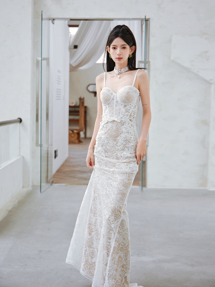 Heavy-duty Jacquard Lace Bodycon Fishtail Skirt White Morning Robe Wedding Dress Y111
