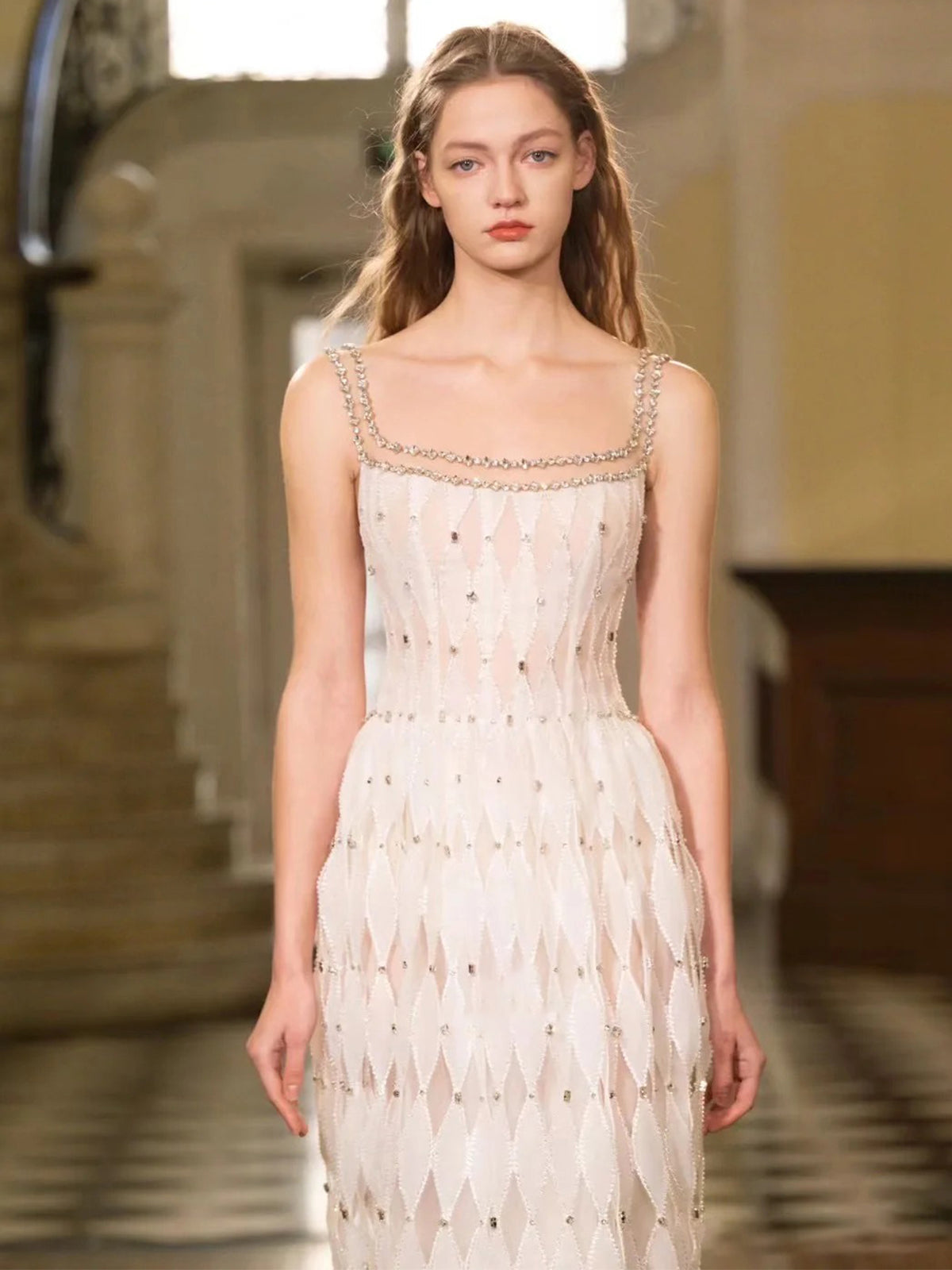 Sleeveless Diamond Patterned Sheer Evening Dress E003