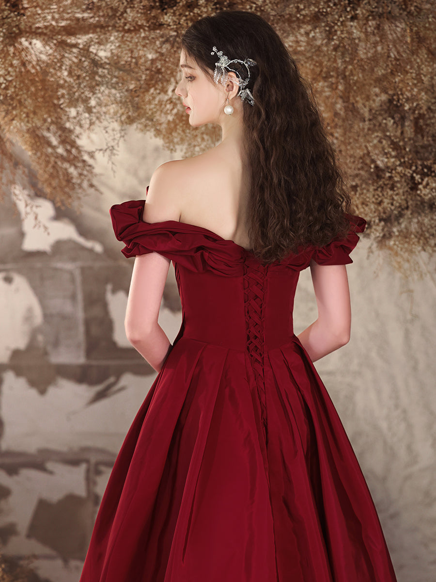 Burgundy Off - Shoulder Ruffled Ball Gown Evening Dress E016