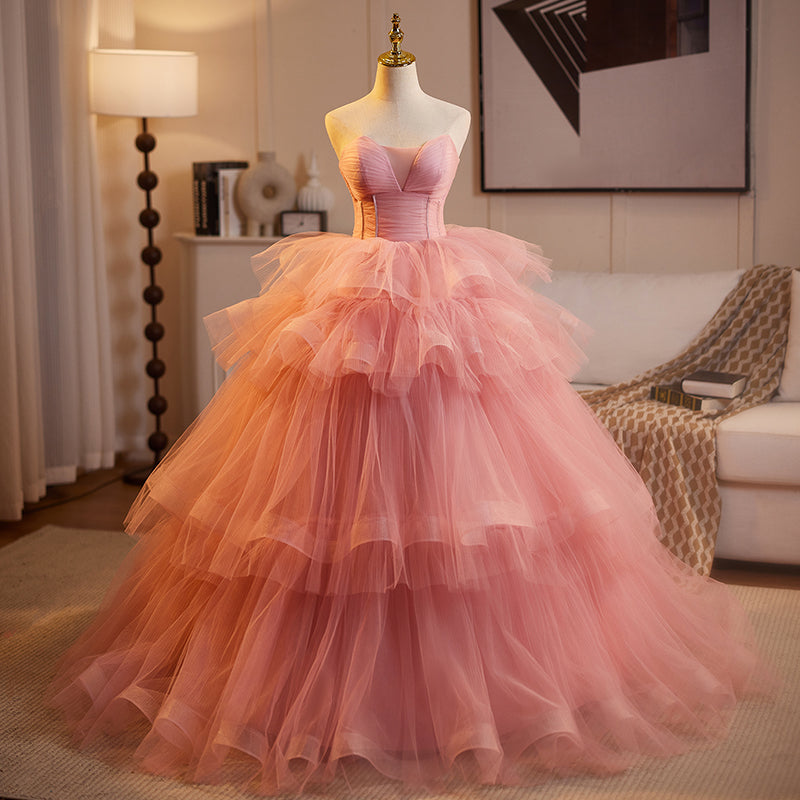 Pink Tiered Tulle Ball Gown Evening Dress E048