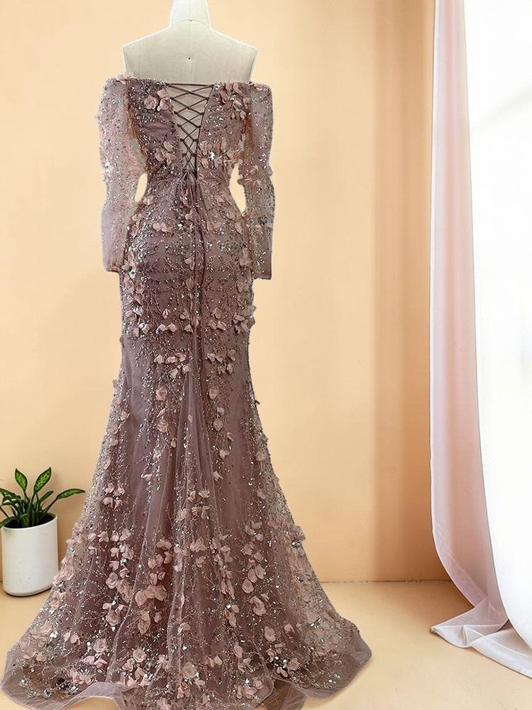 Elegent White Off-Shoulder 3D Floral Evening Gown with Sheer Sleeves SL200