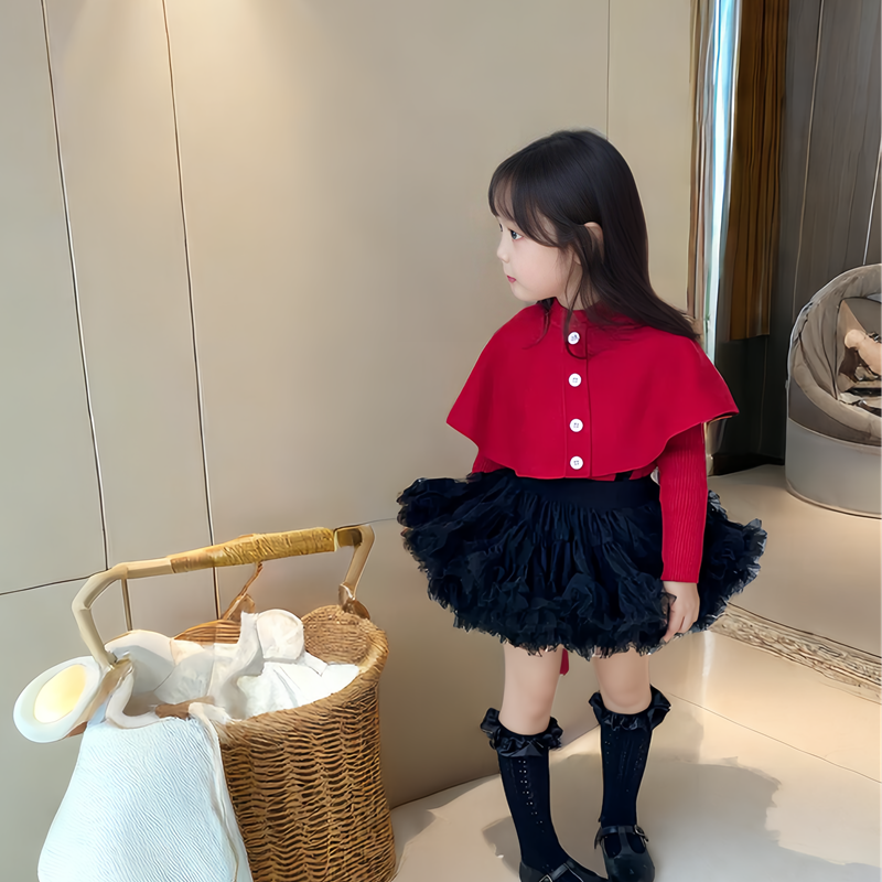 Little Princess Black Capelet Top Voluminous Red Skirt Outfit for Chrismas