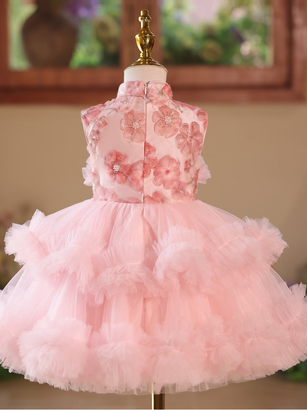 Princess Pink 3D Flowers Girl Pageant Dress For Birthday Party SL113
