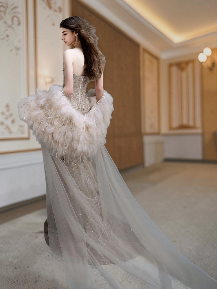 Glamorous Beaded Spaghetti Strap Evening Dress with Feather Cape E012