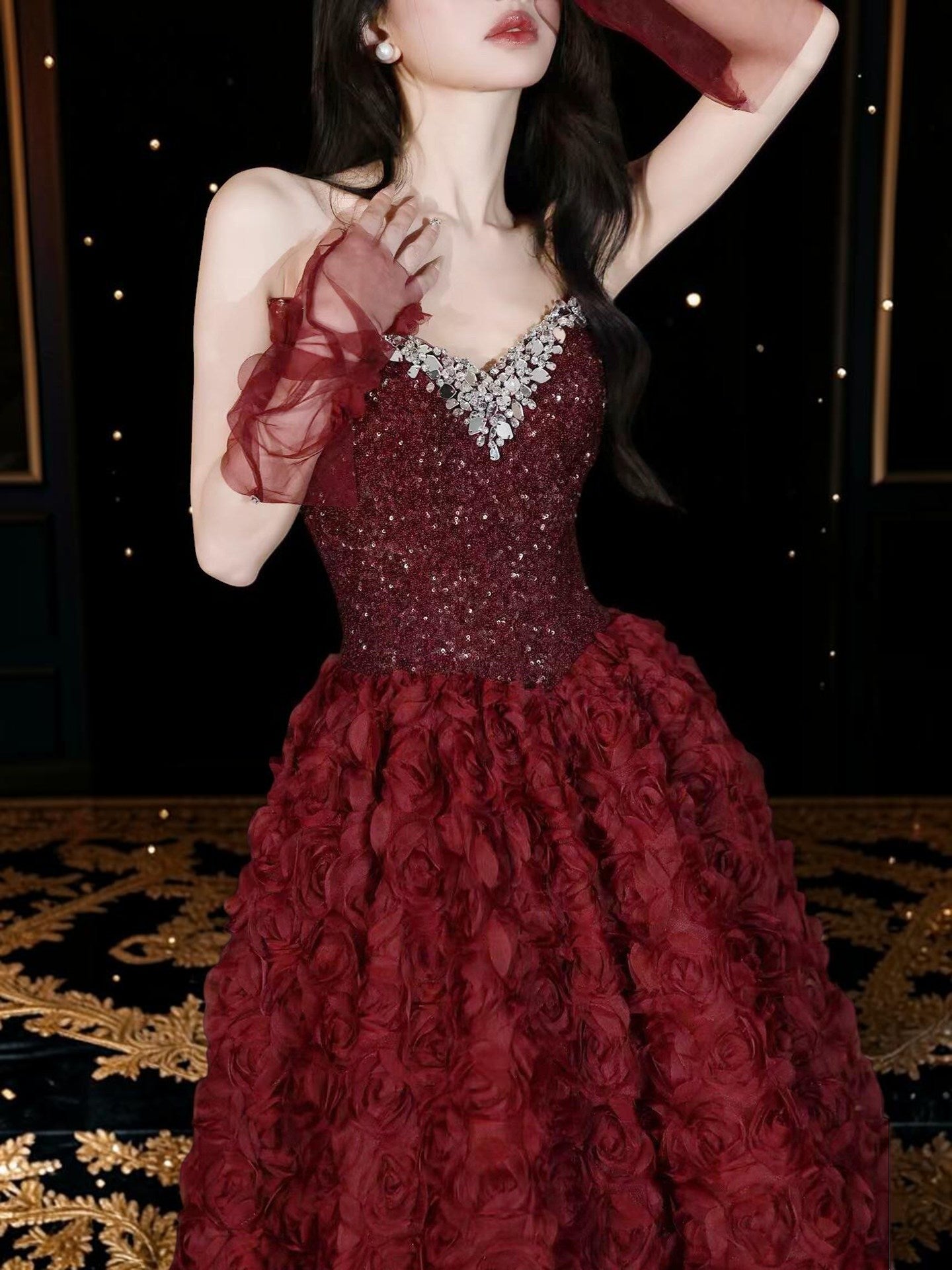Stunning Burgundy Rose Couture Gown 2026 New Year Gala Red Carpet Masterpiece CM118
