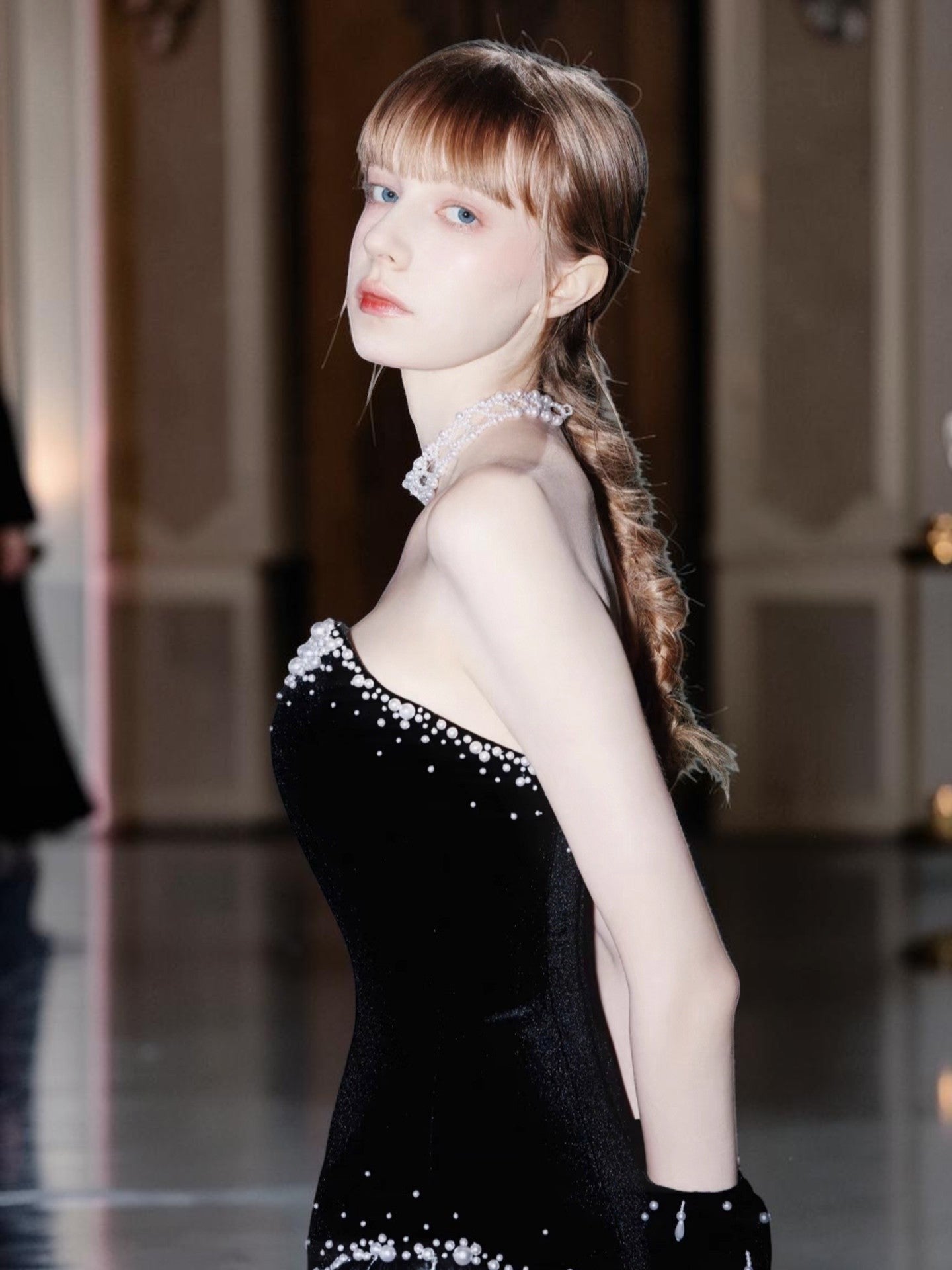 High-End Midnight Velvet Pearl Stardust Evening Dress YJ122