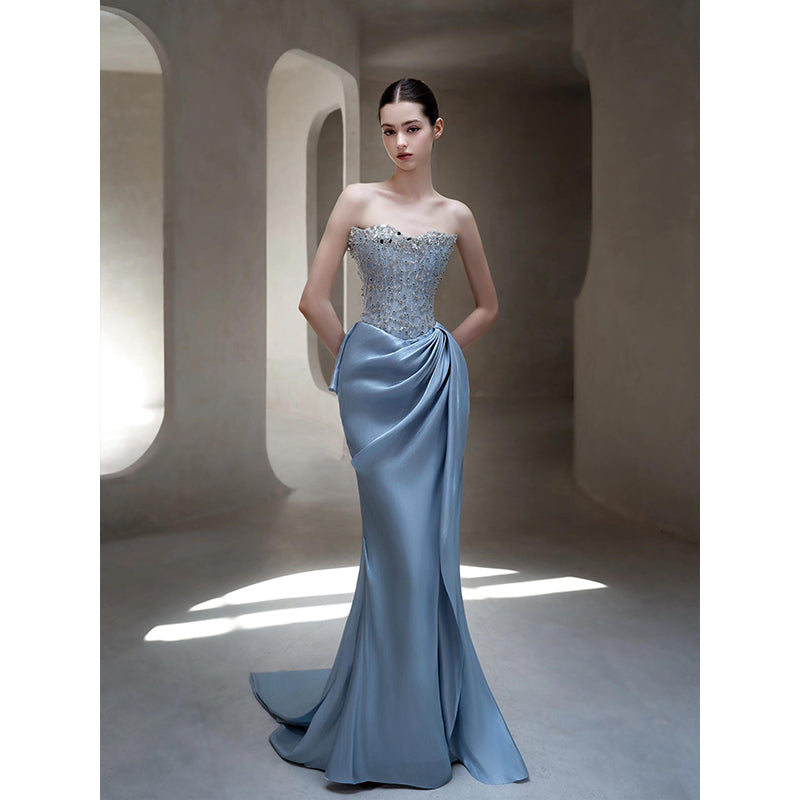 Strapless Beaded Bodice Satin Evening Dress with Draped Train E017