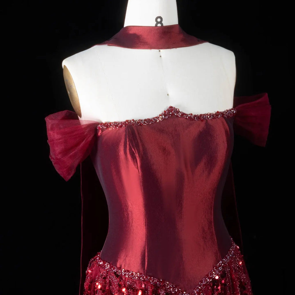 Luxury Off-Shoulder Sequin Evening Gown with Choker Scarf SL174