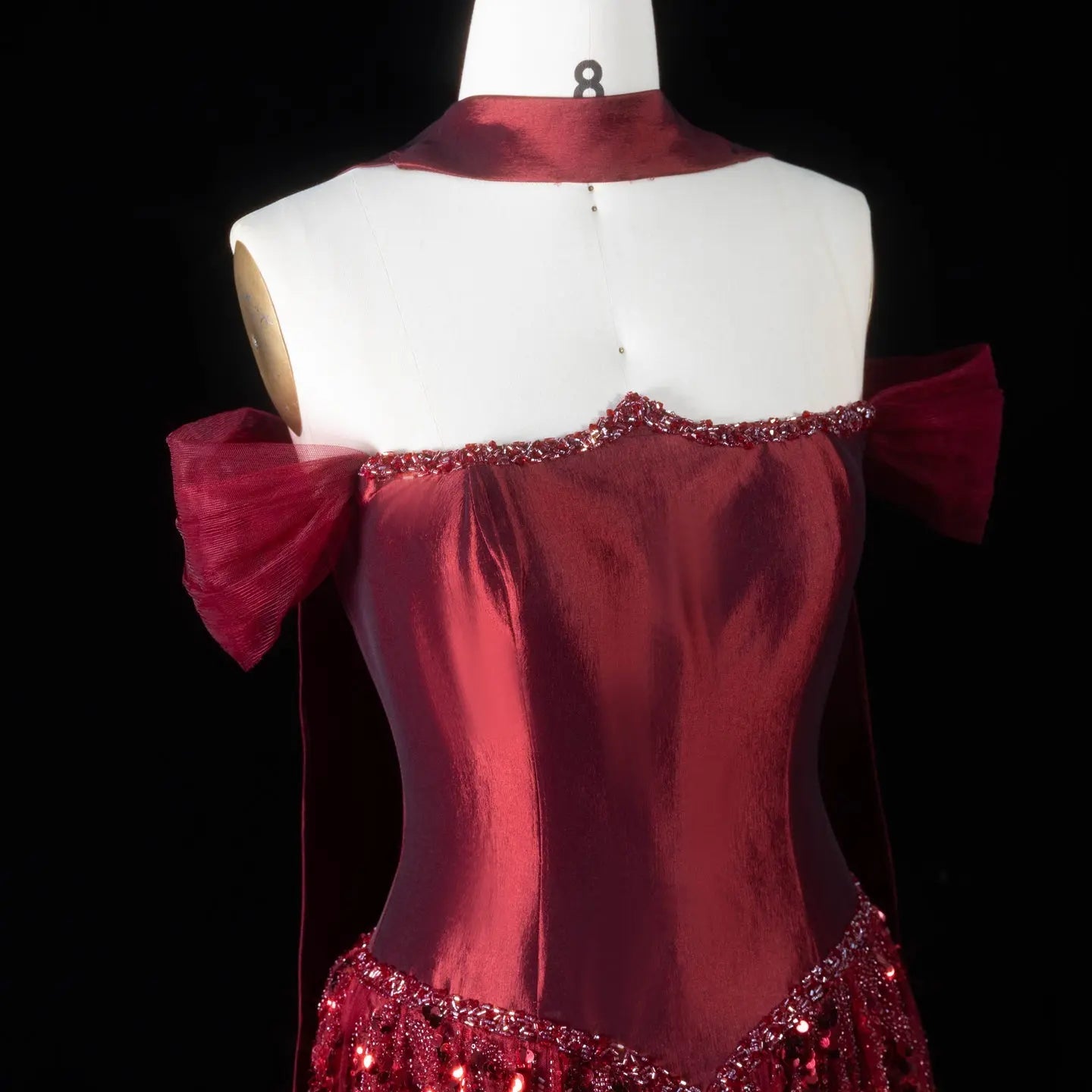Luxury Off-Shoulder Sequin Evening Gown with Choker Scarf SL174