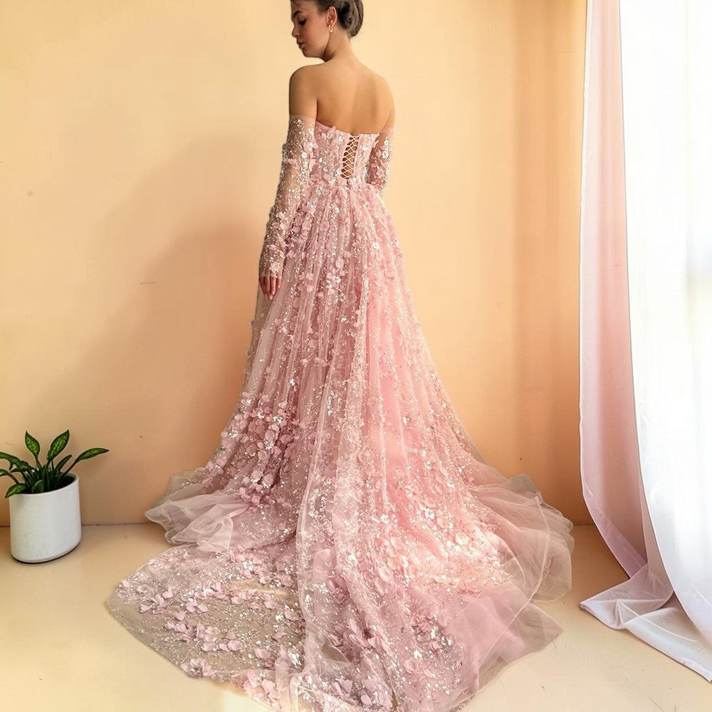 Elegent White Off-Shoulder 3D Floral Evening Gown with Sheer Sleeves SL200