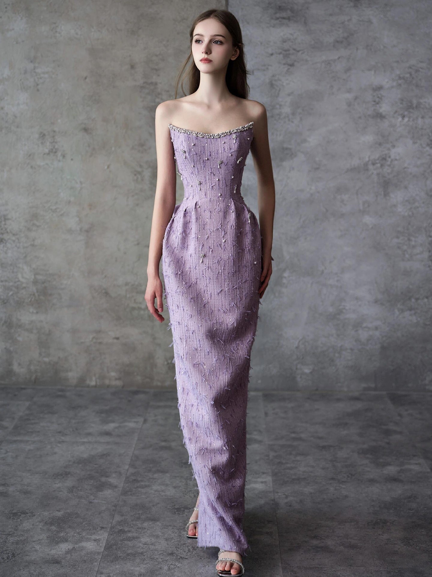 Strapless Beaded Trim Tweed Mermaid Evening Dress E018