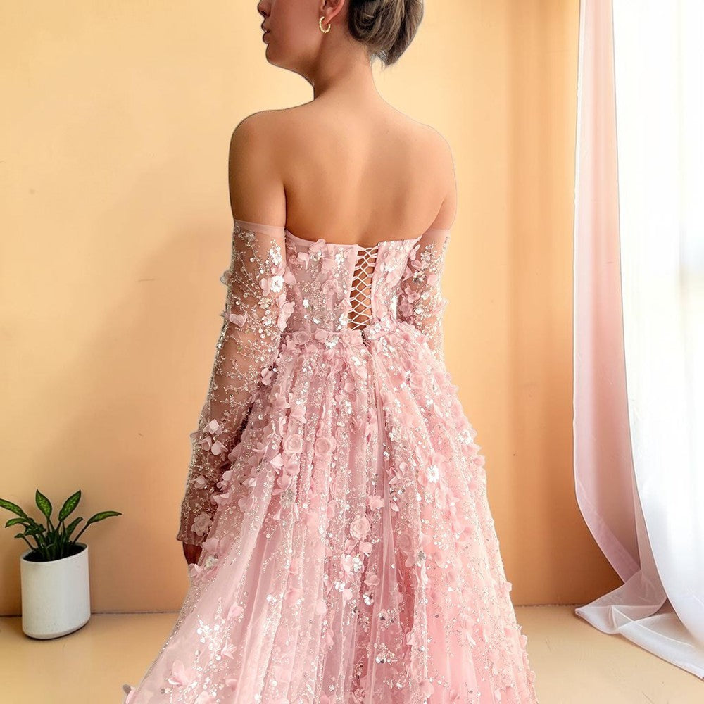 Elegent White Off-Shoulder 3D Floral Evening Gown with Sheer Sleeves SL200