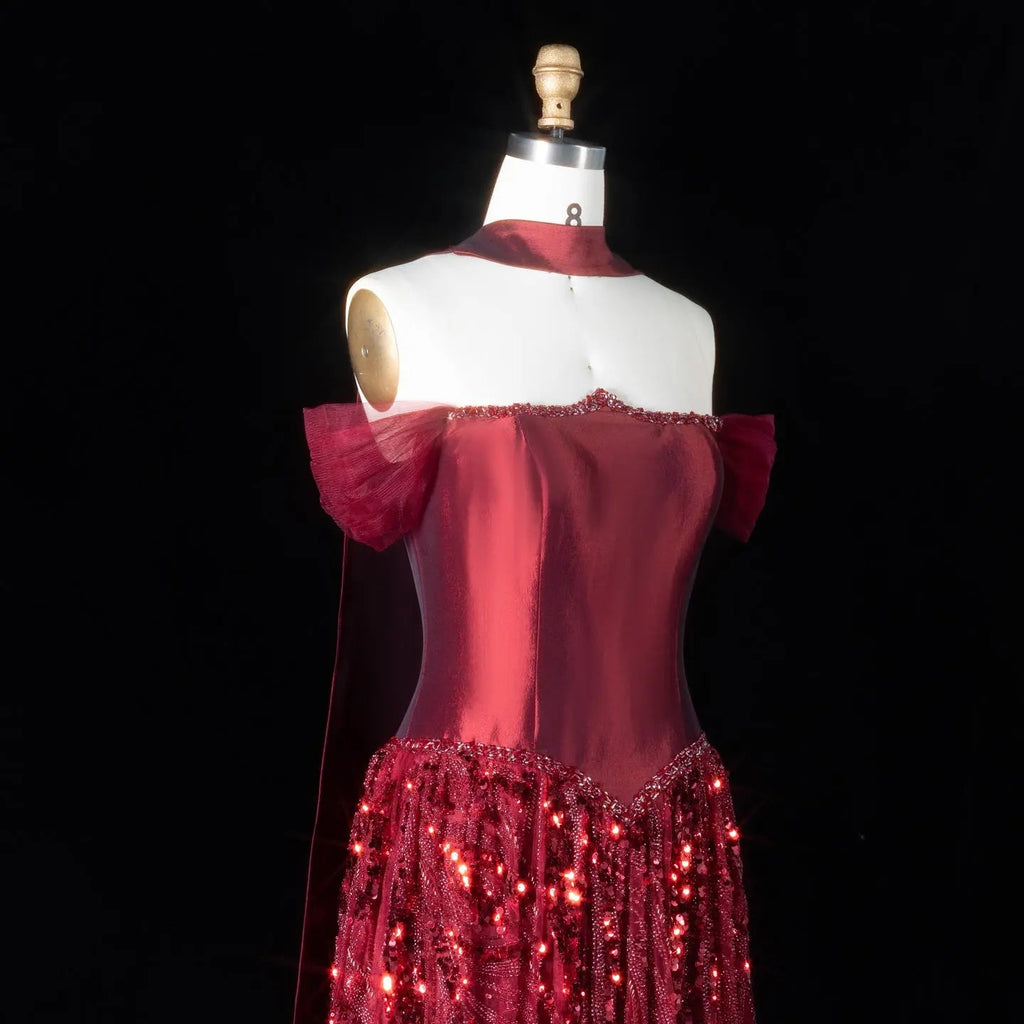 Luxury Off-Shoulder Sequin Evening Gown with Choker Scarf SL174