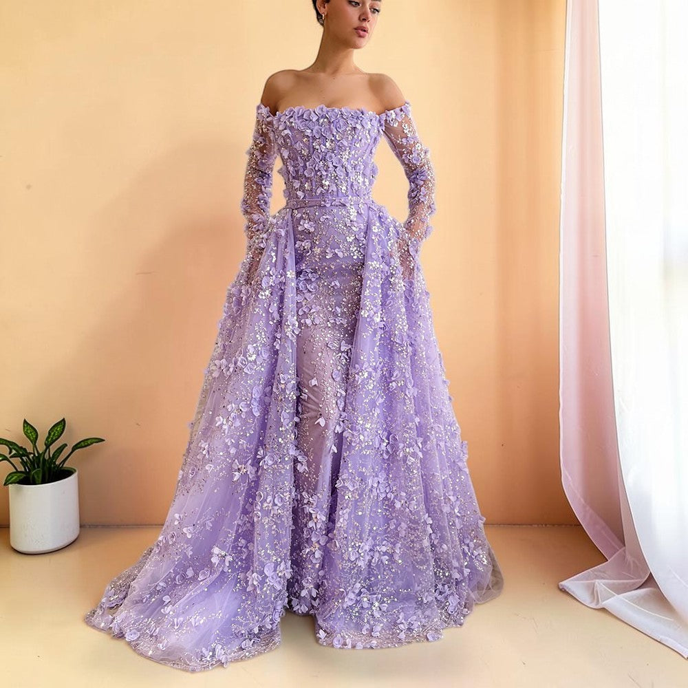 Elegent White Off-Shoulder 3D Floral Evening Gown with Sheer Sleeves SL200