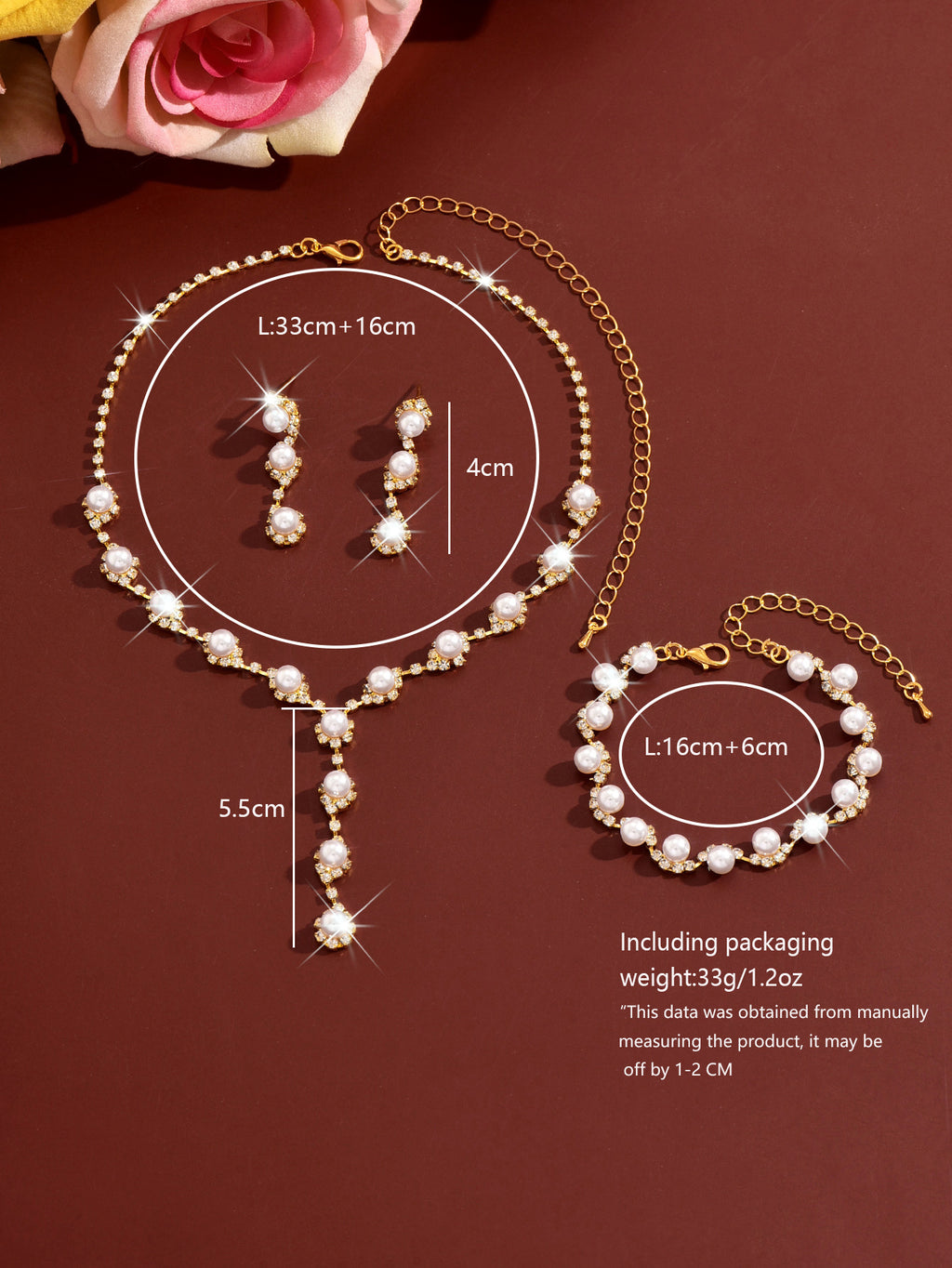 Gold Pearl Rhinestone Jewelry Set Necklace Bracelet Earrings for Wedding or Party