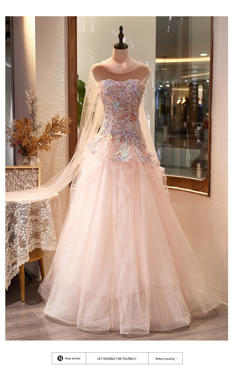 Luxury Lavender Strapless Beaded Evening Gown with Scarf SL136