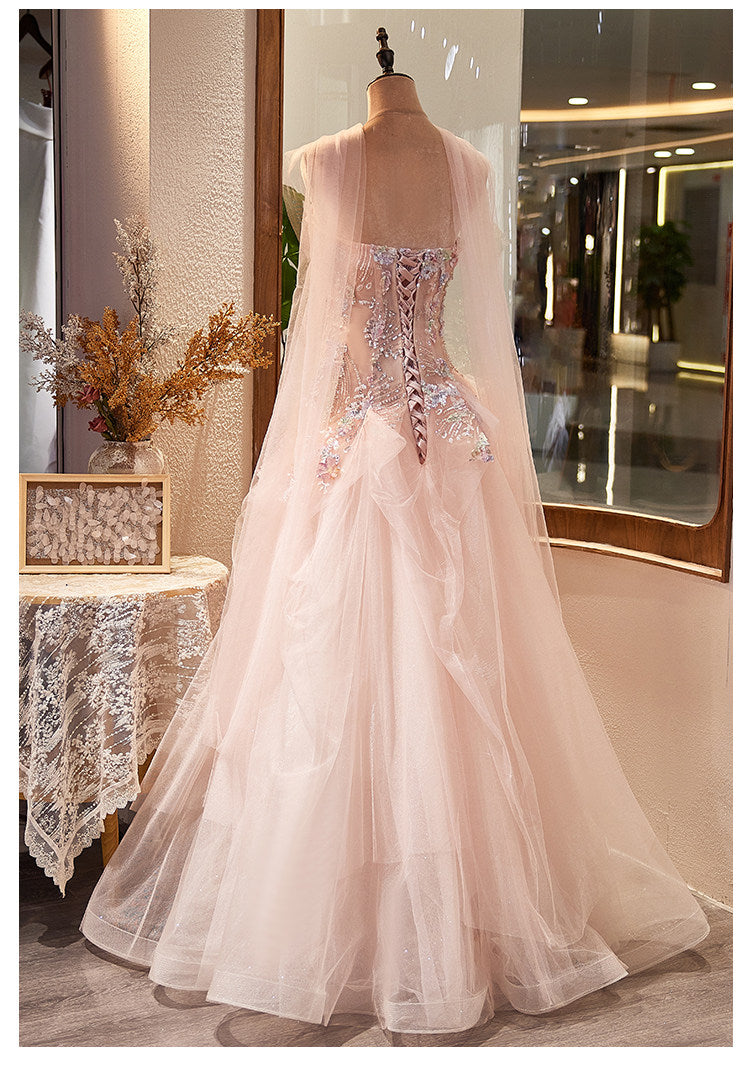 Luxury Lavender Strapless Beaded Evening Gown with Scarf SL136