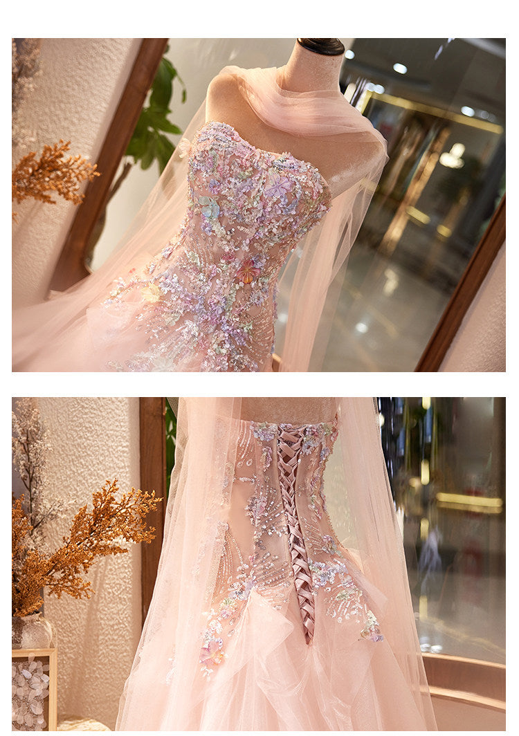Luxury Lavender Strapless Beaded Evening Gown with Scarf SL136