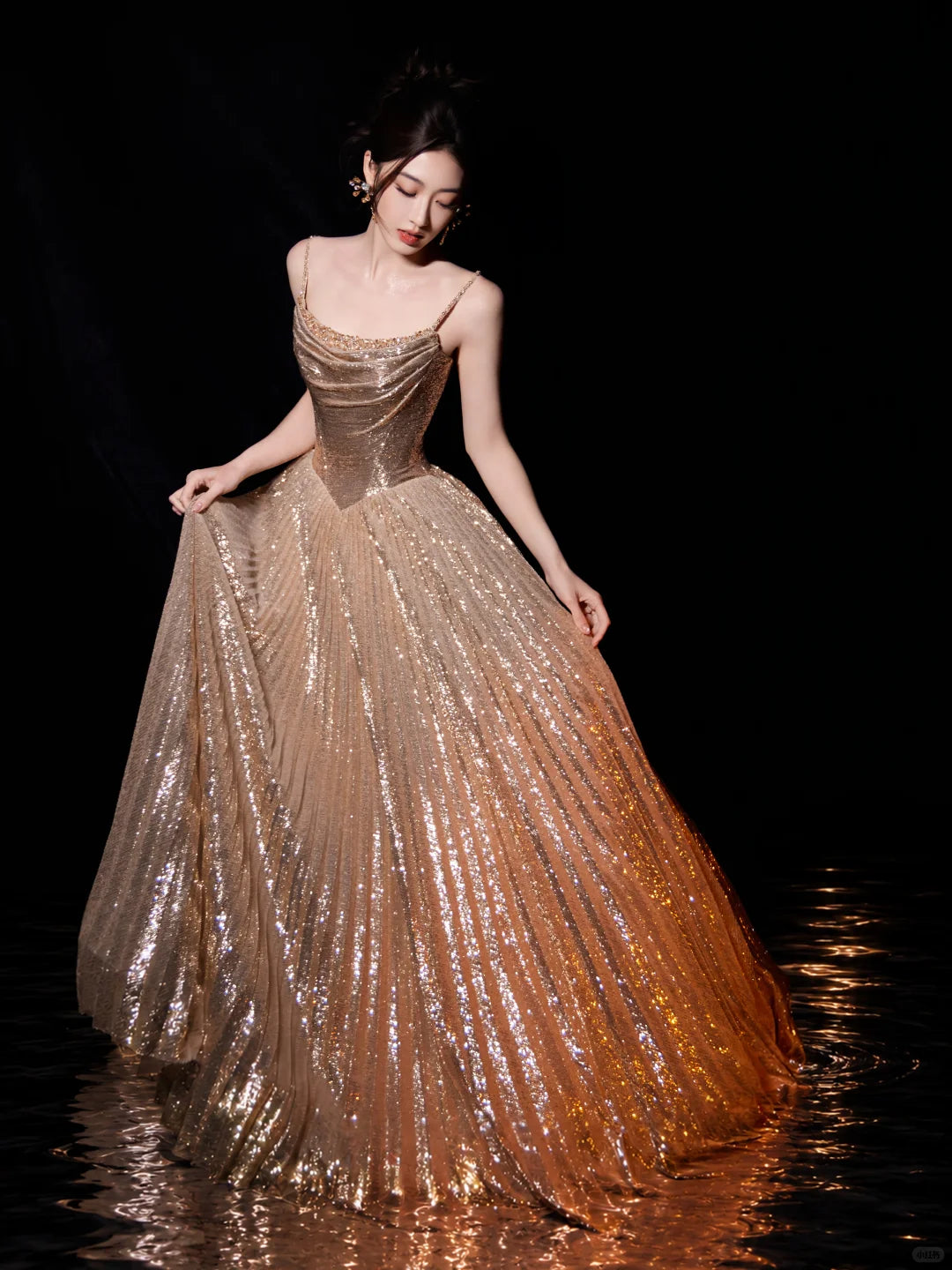 SS250 Gold Luxury Ball Gown Sparkly A-Line Evening Dress