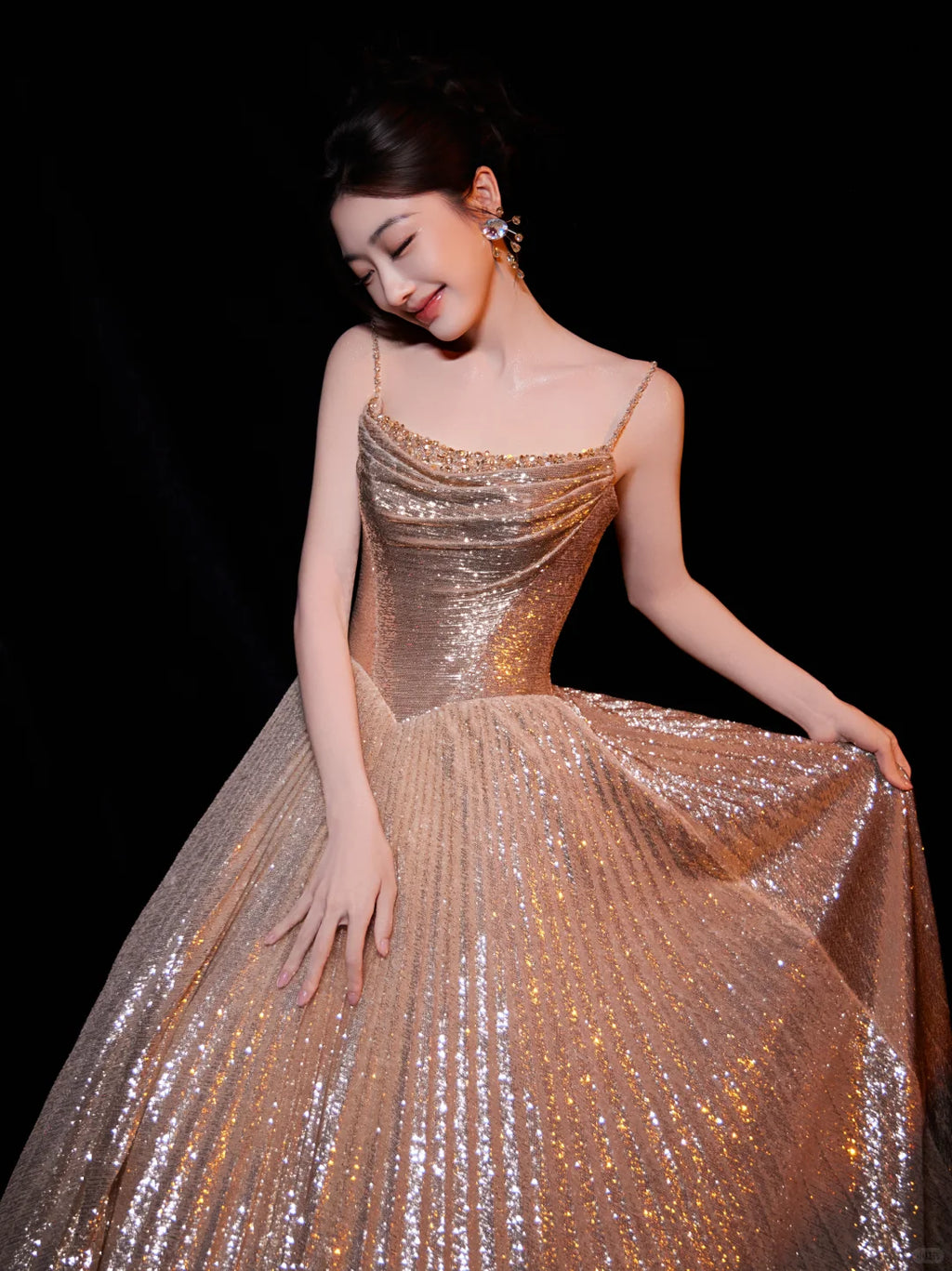 SS250 Gold Luxury Ball Gown Sparkly A-Line Evening Dress