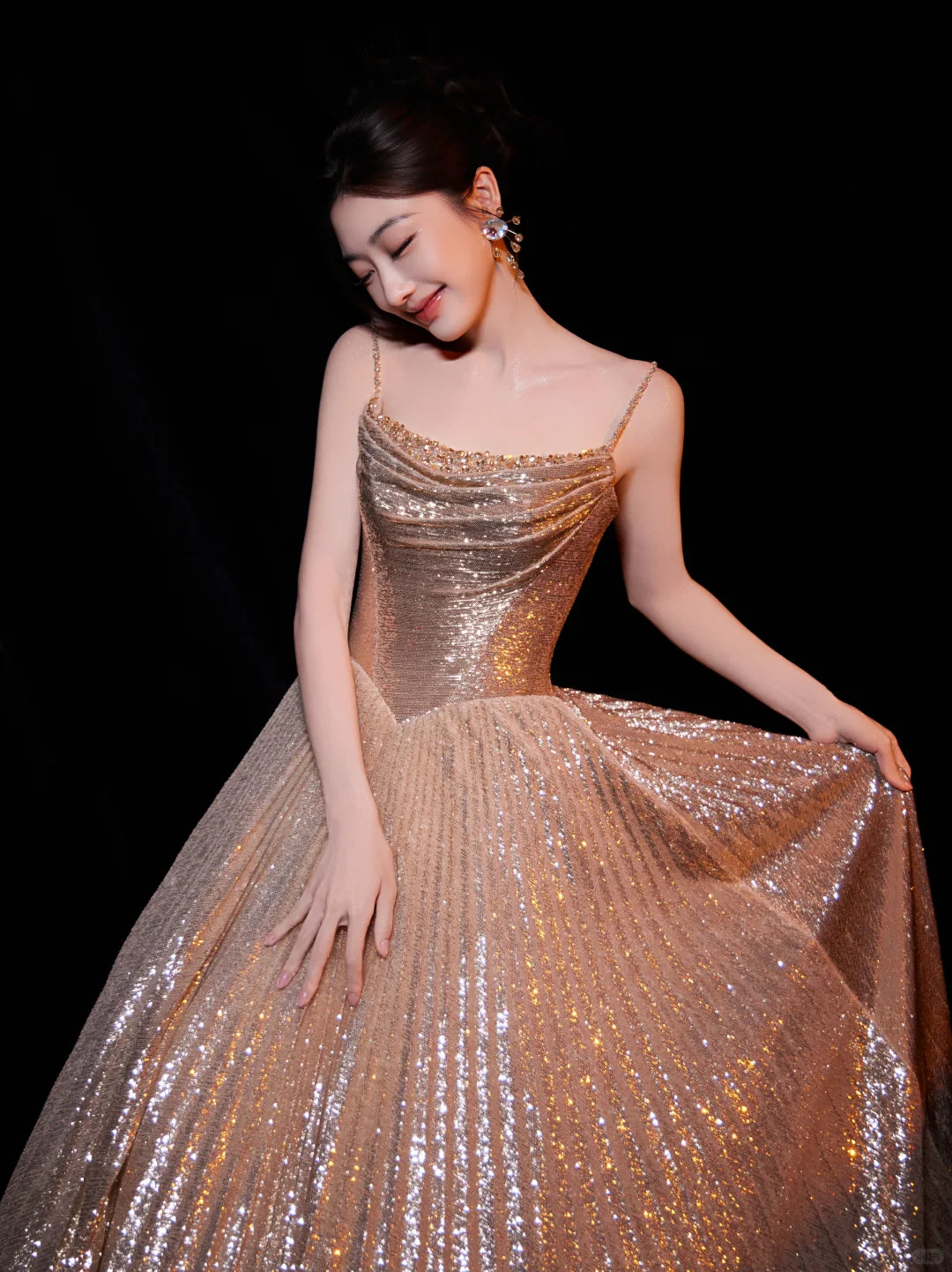 SS250 Gold Luxury Ball Gown Sparkly A-Line Evening Dress