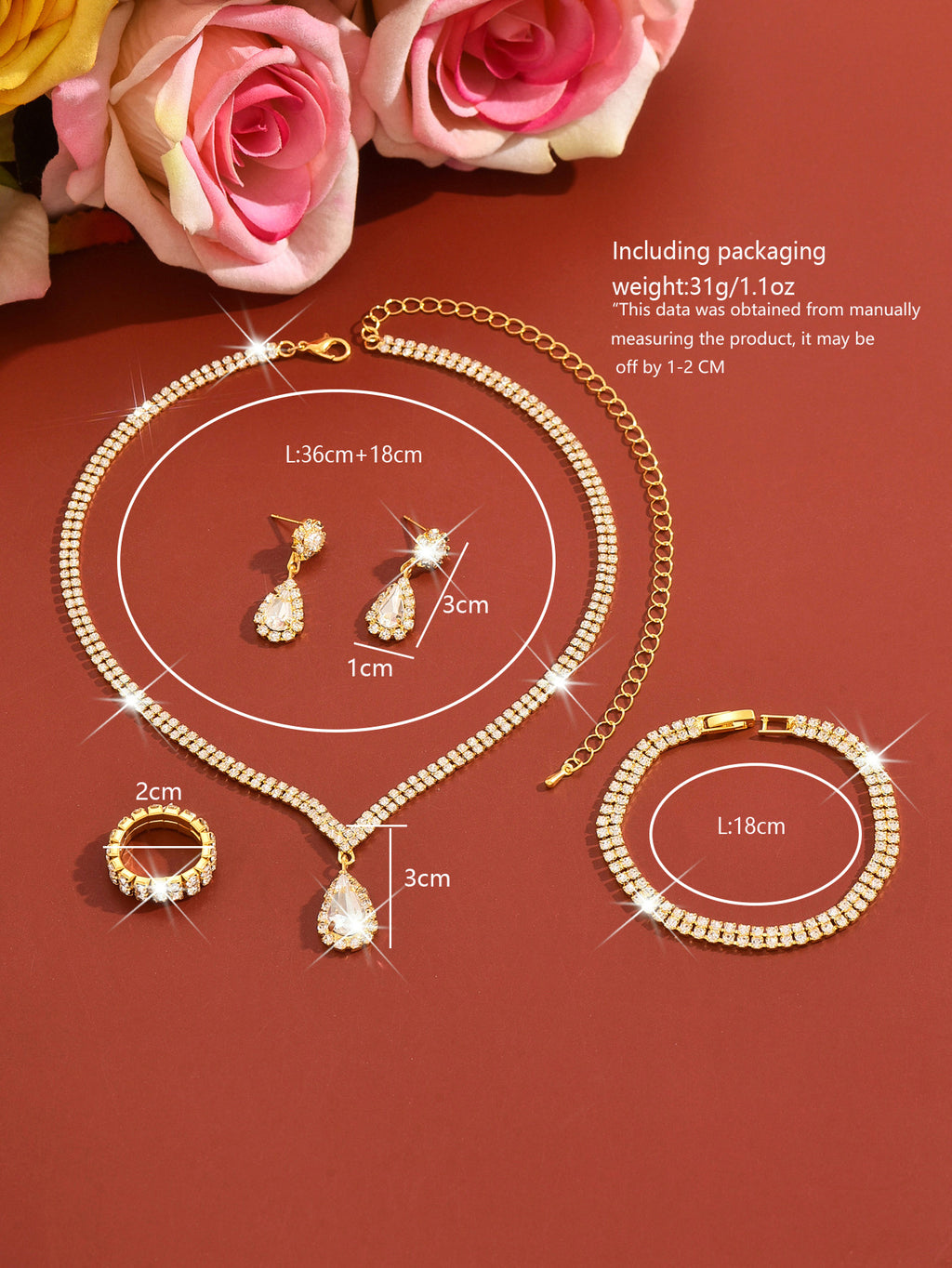 4 Piece Gold Rhinestone Jewelry Set Necklace Earrings Bracelet and Ring for Brides