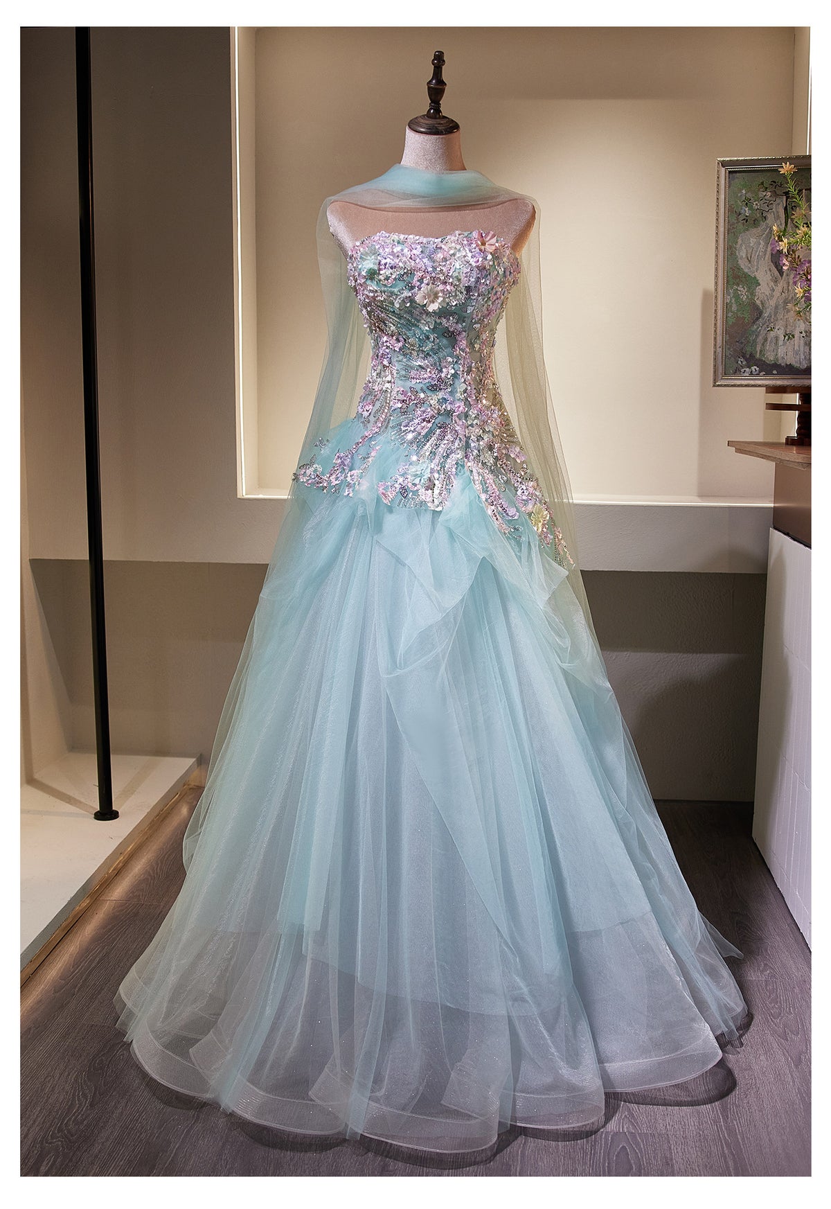 Luxury Lavender Strapless Beaded Evening Gown with Scarf SL136