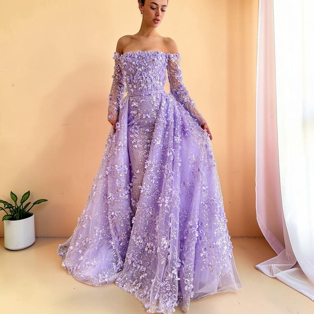 Elegent White Off-Shoulder 3D Floral Evening Gown with Sheer Sleeves SL200