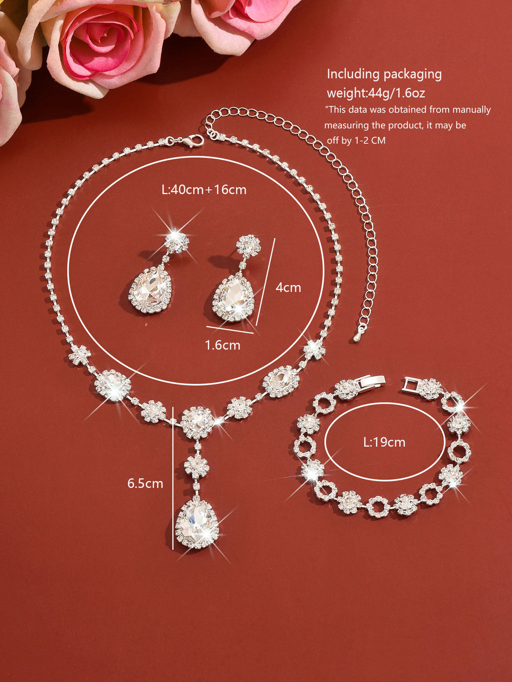 Silver Crystal Rhinestone Jewelry Set Teardrop Necklace Bracelet Earrings for Wedding or Party