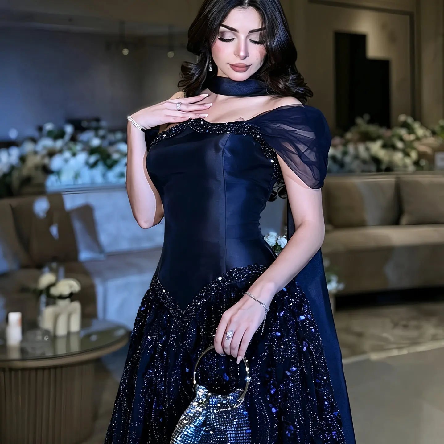 Luxury Off-Shoulder Sequin Evening Gown with Choker Scarf SL174