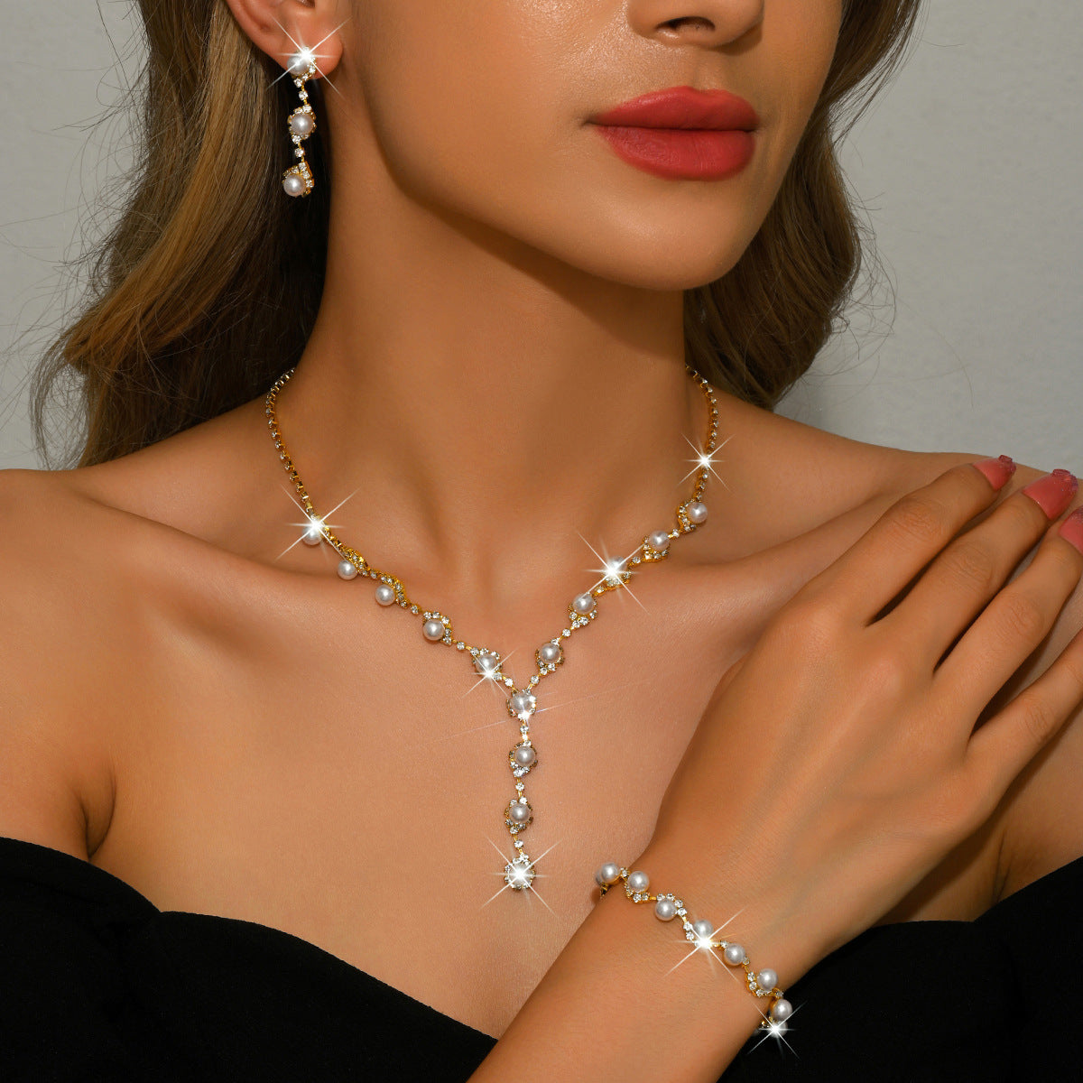 Gold Pearl Rhinestone Jewelry Set Necklace Bracelet Earrings for Wedding or Party