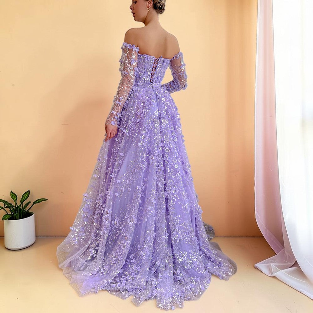 Elegent White Off-Shoulder 3D Floral Evening Gown with Sheer Sleeves SL200