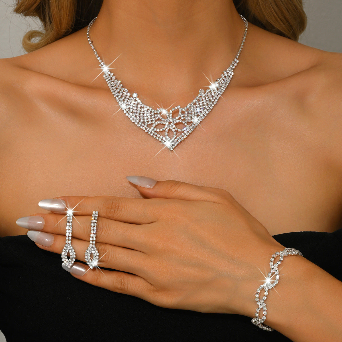 3 Piece Silver Rhinestone Jewelry Set Necklace Earrings and Bracelet for Brides