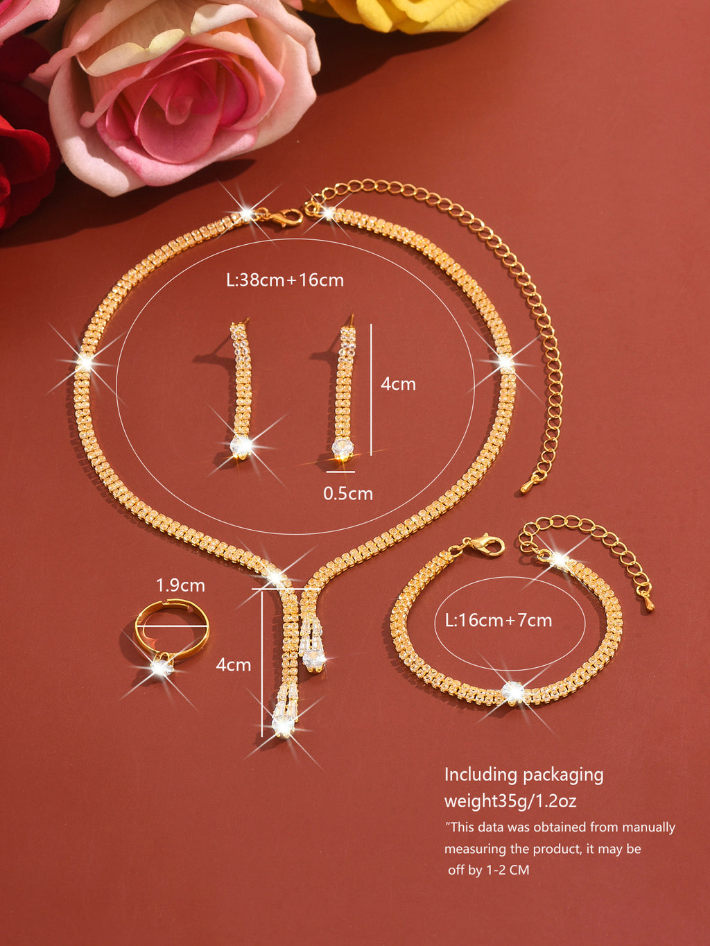 Elegant Gold Crystal Jewelry Set for Women 4 Piece Necklace Earrings Bracelet Ring