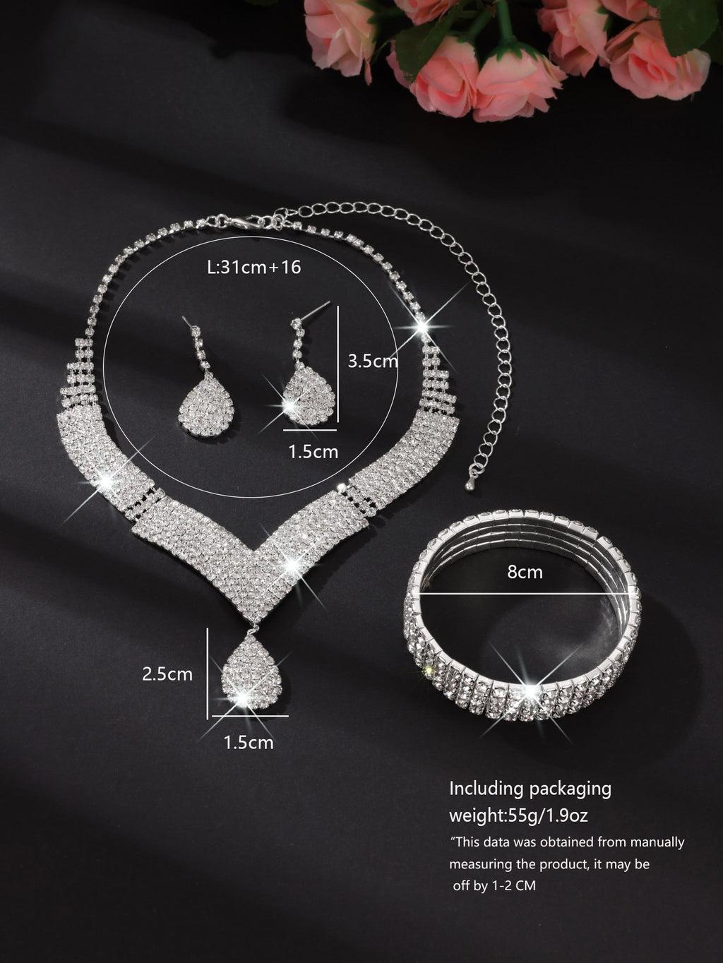 Luxury Gold Rhinestone Jewelry Set for Women Bridal Necklace Earrings Bracelet Ring Gift