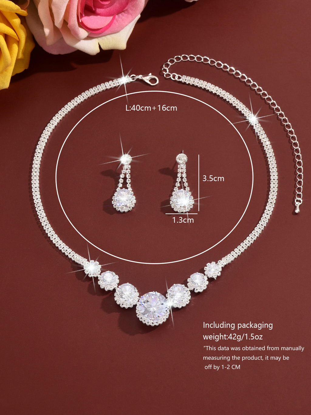 Silver Crystal Rhinestone Jewelry Set Round Necklace Drop Earrings for Wedding or Party