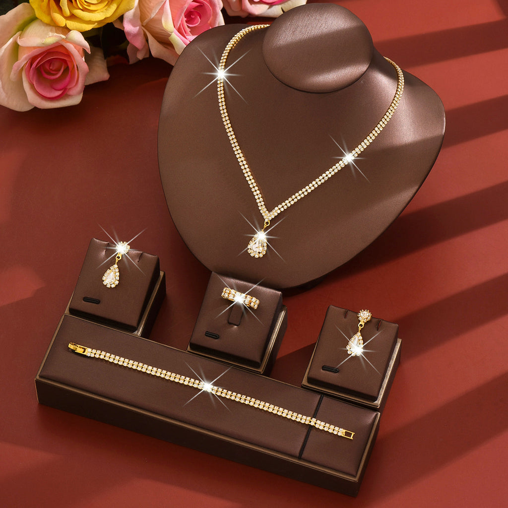 4 Piece Gold Rhinestone Jewelry Set Necklace Earrings Bracelet and Ring for Brides